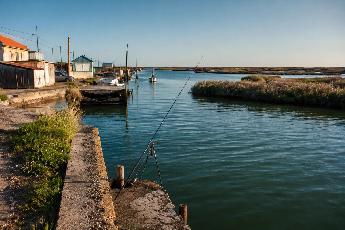 Canal da Ria de Aveiro com embarcações tradicionais, vegetação de sapal e uma cana de pesca