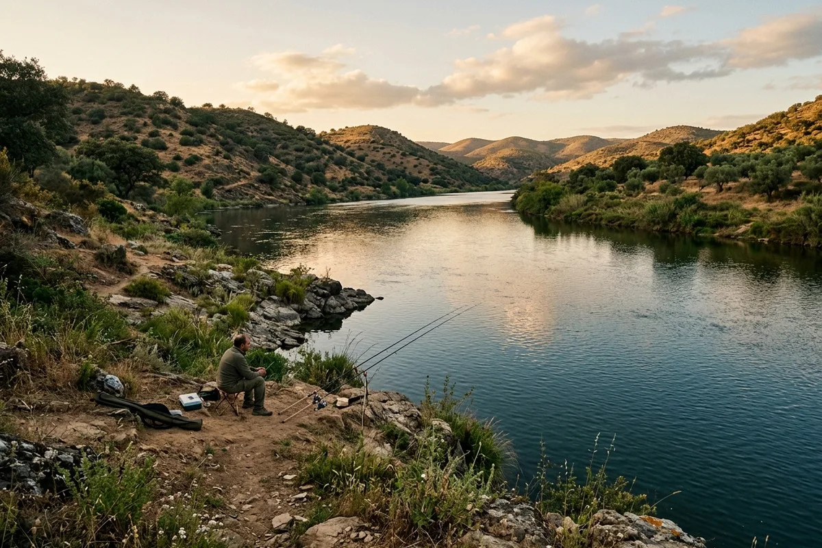 Troço do rio Guadiana entre encostas secas do Baixo Alentejo, com cana de pesca na margem