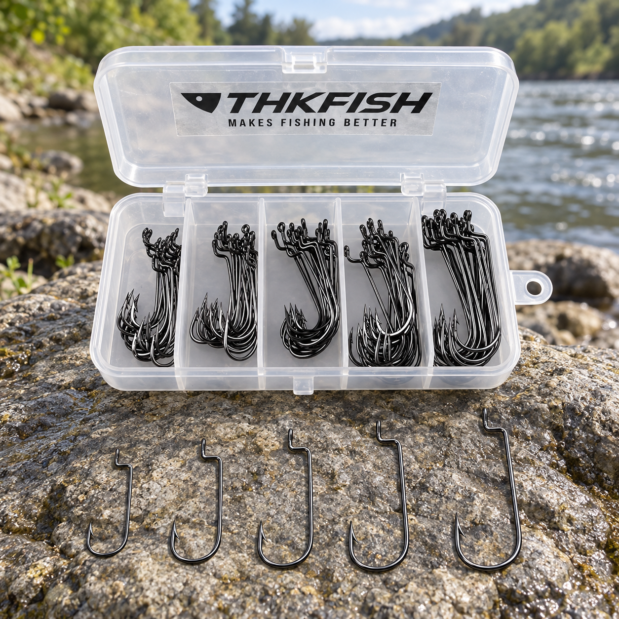 THKFISH Anzóis Offset Worm 100 — Sortido de 100 anzóis offset worm · tamanhos 2, 1, 1/0, 2/0 e 3/0 · aço alto carbono · fotografia do produto (Amazon.es)