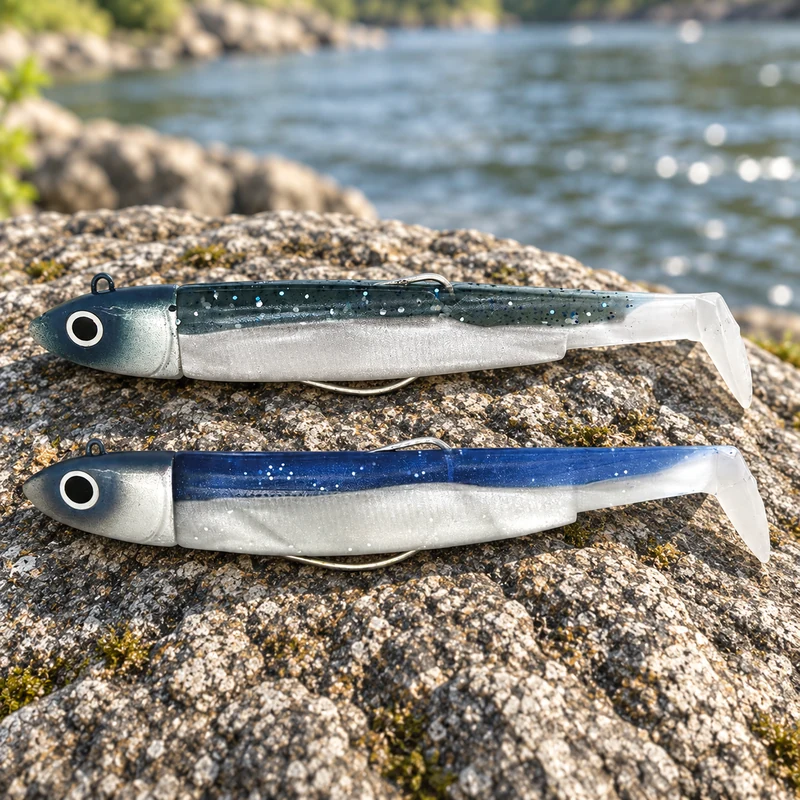 Fiiish Black Minnow 90 Double Combo Offshore 10 g — Vinil para robalo · 90 mm / cabeça 10 g · fotografia do produto (Amazon.es)