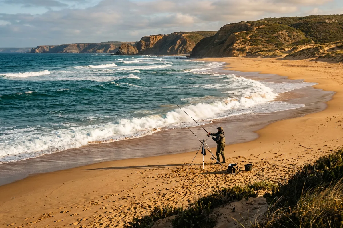 Praia atlântica portuguesa com rebentação e canas de surfcasting montadas na areia