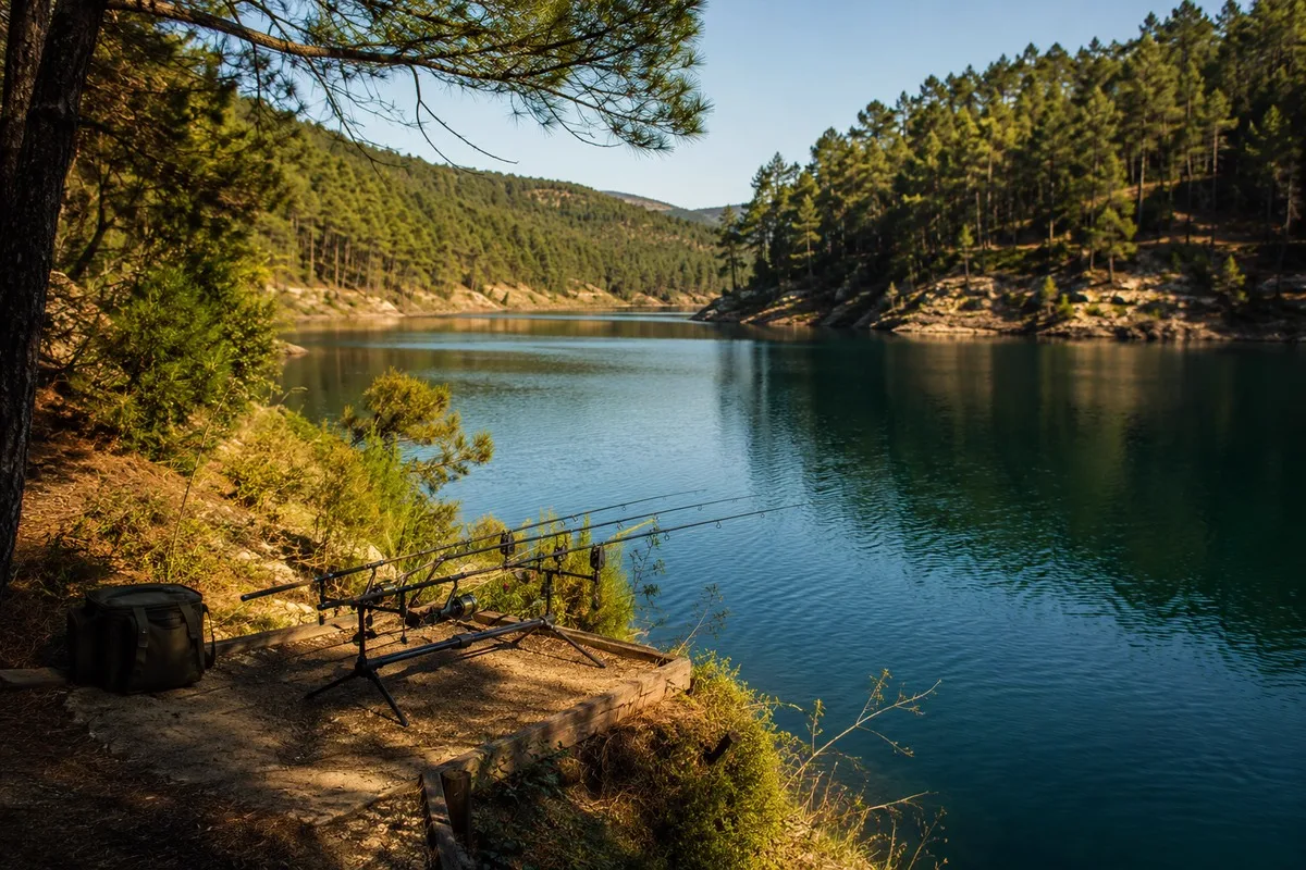 Albufeira de Castelo do Bode rodeada de floresta, com material de pesca à carpa na margem