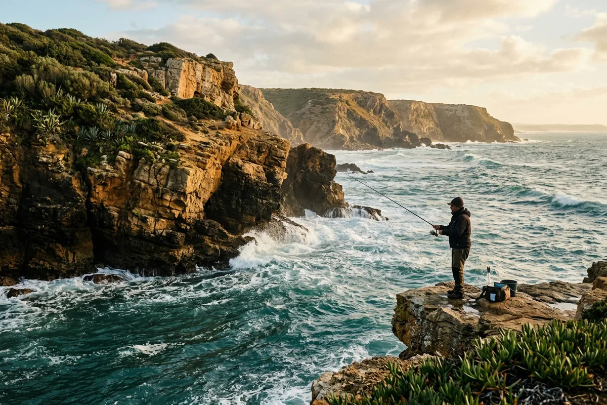 Arriba rochosa da Costa Vicentina sobre o oceano, com pesca de rochedo