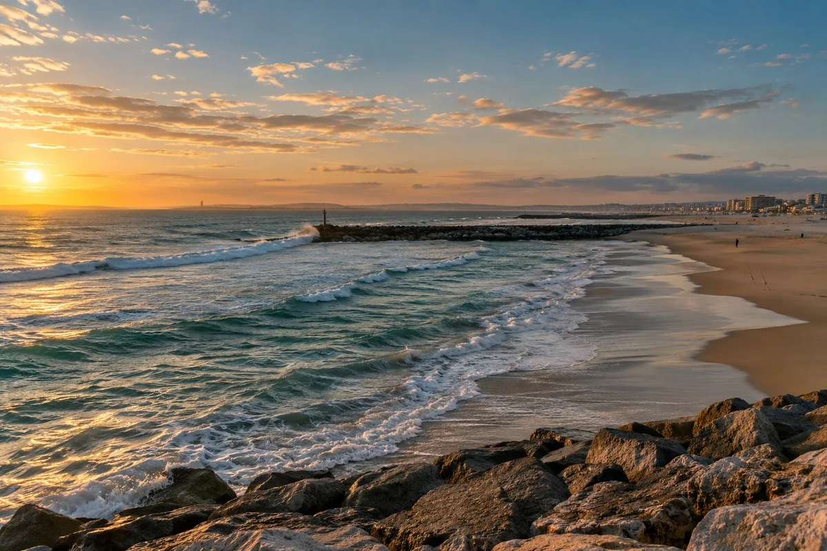 Praia da Costa da Caparica ao pôr do sol, com rebentação atlântica e esporão de pedra