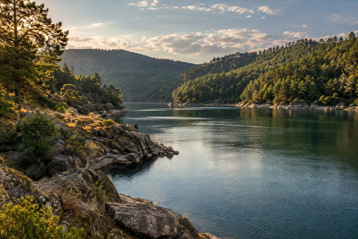 Águas abrigadas da Barragem do Cabril entre margens rochosas e encostas arborizadas