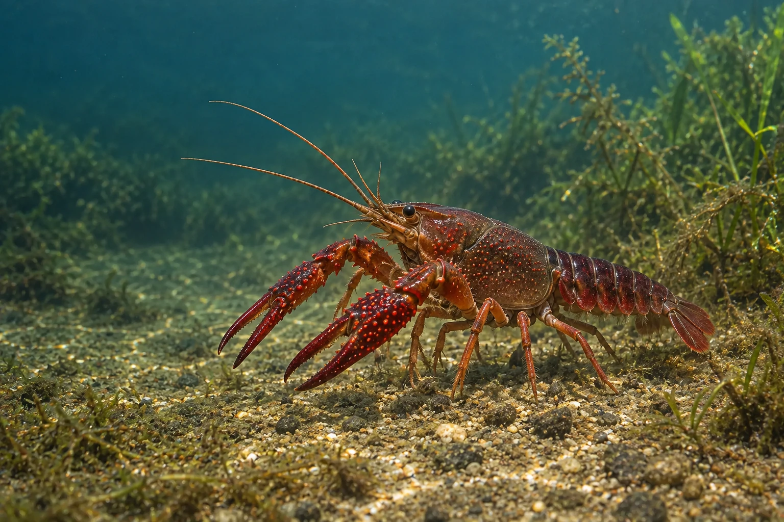 Ilustração de um lagostim-vermelho em habitat de água doce.