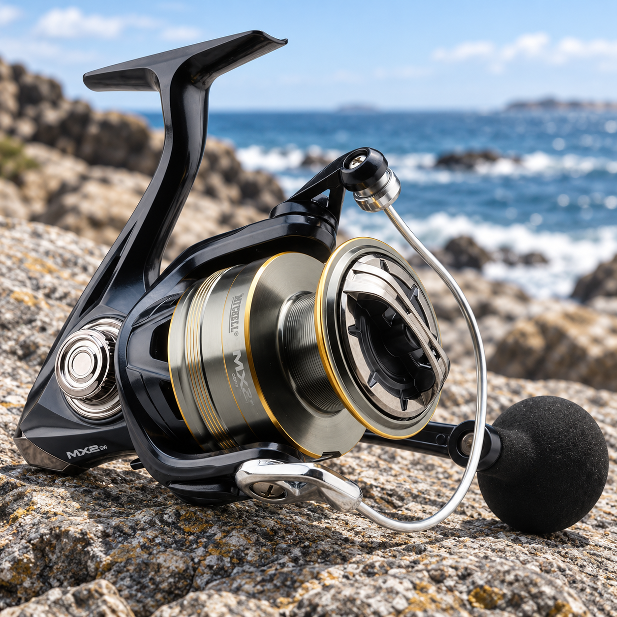 Mitchell MX2 Saltwater — Carreto de mar · tamanhos 2000 a 7000 · 5+1 rolamentos · fotografia do produto (Amazon.es)