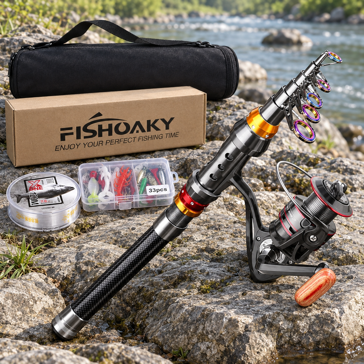 FISHOAKY Telescópica Kit — Conjunto telescópico · carbono · cana, carreto, iscos e saco · fotografia do produto