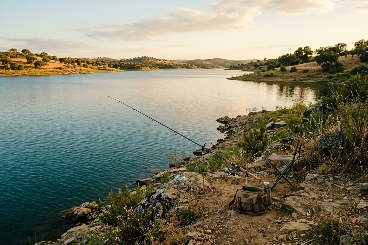 Plano de água extenso da albufeira do Alqueva com margens baixas de montado alentejano