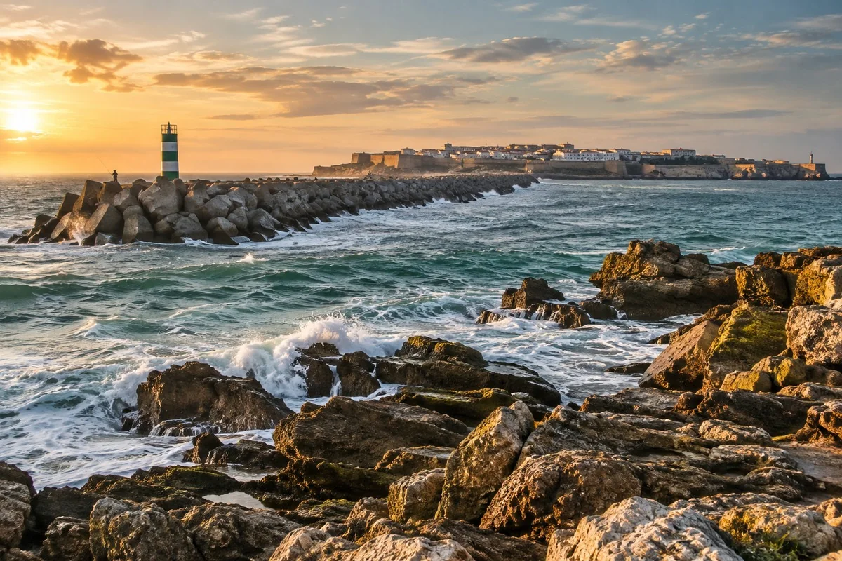 Costa rochosa de Peniche com molhe, farolim e a península ao fundo
