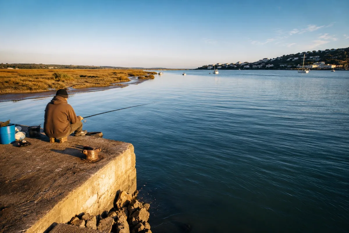 Pescador sentado na margem do estuário do Sado, com sapal e embarcações ao fundo