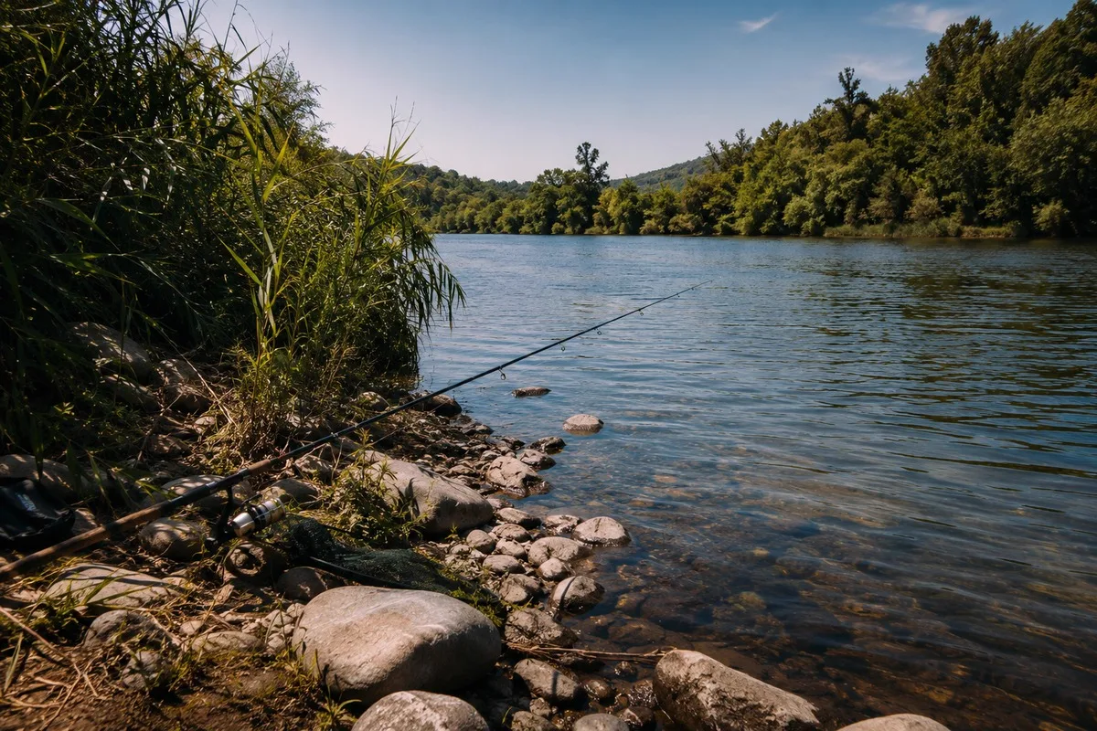 Margem do rio Mondego com caniços, pedras e água pouco profunda