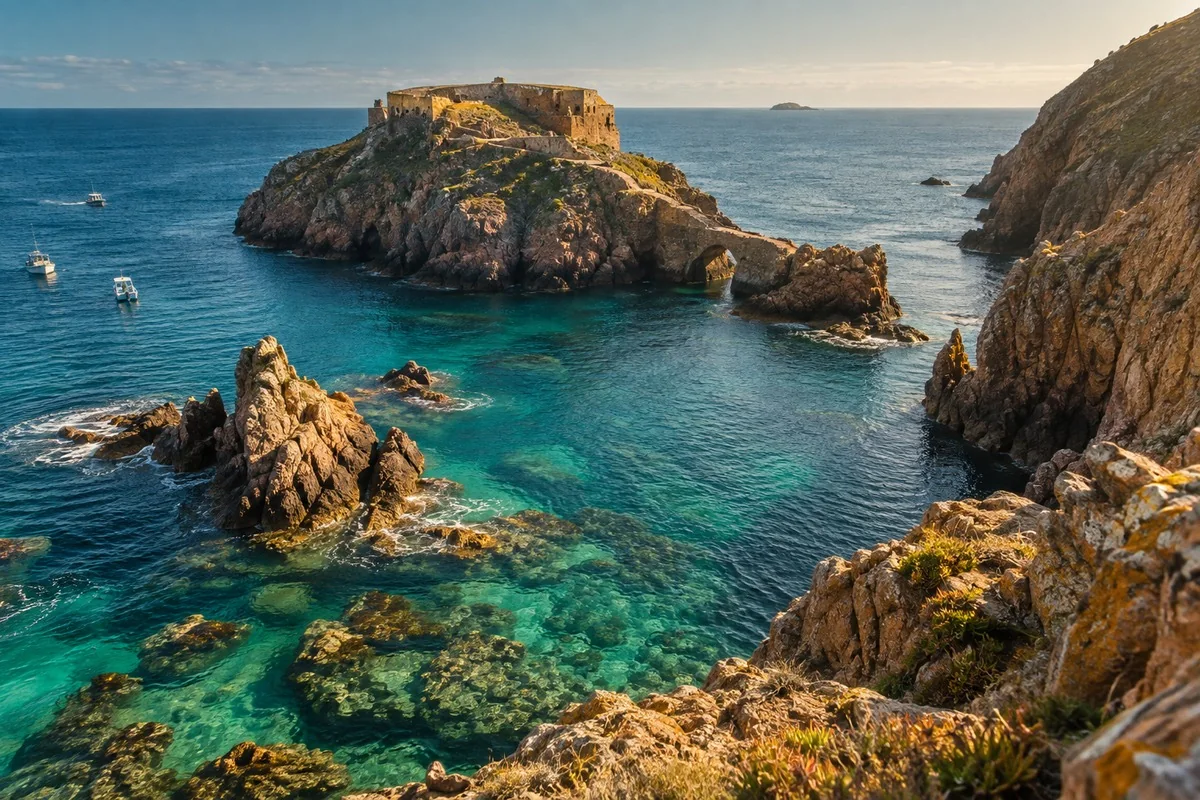 Ilha da Berlenga com o Forte de São João Baptista entre falésias e águas transparentes