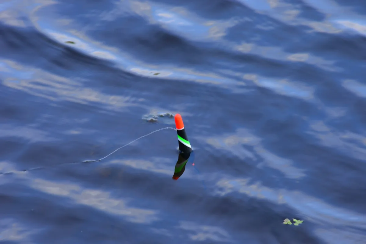 Boia de pesca a flutuar em água encrespada